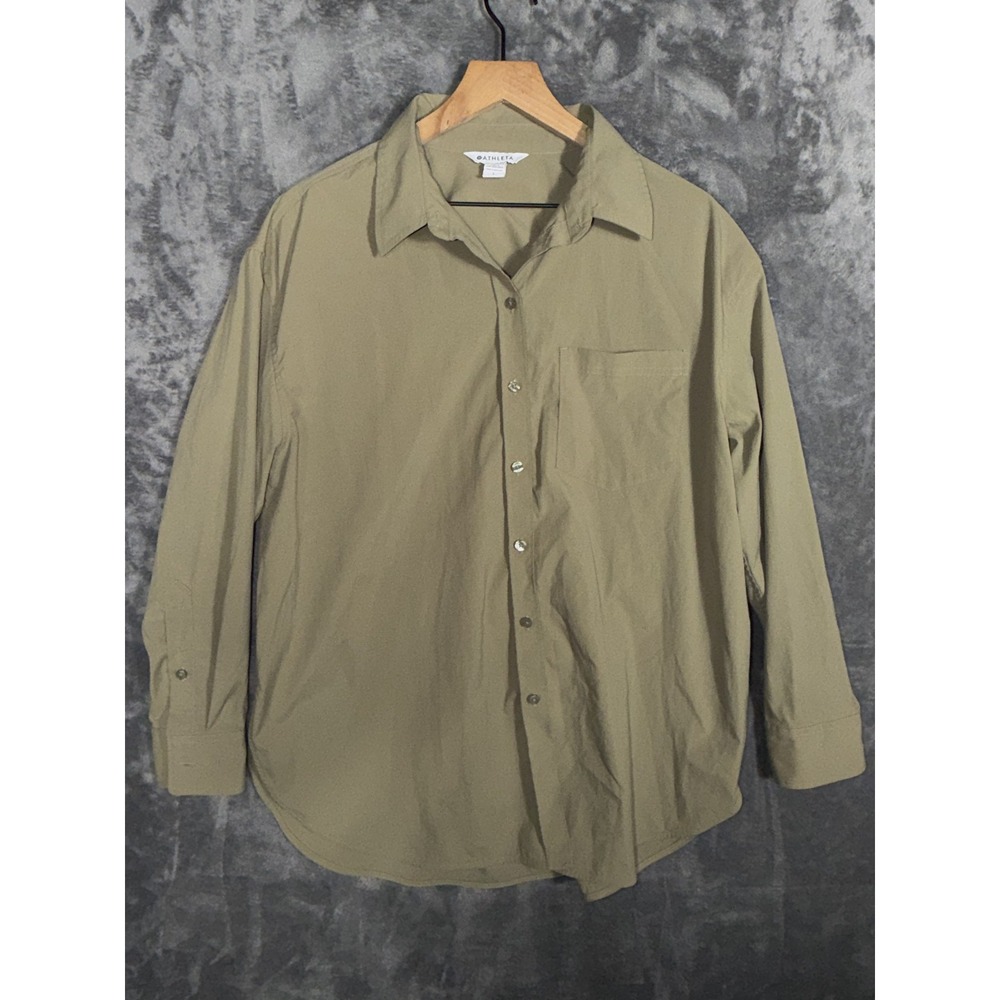 Athleta Womens Khaki Button Up Shirt L Long Sleeve Oversized Collared Pocket